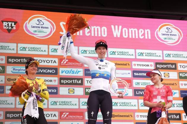 VOS Marianne, WIEBES Lorena Team TEAM SD WORX - PROTIME , RÜEGG Noemi celebrate on the podium after the during the women™s elite race of the Sanremo Women, one day cycling race from Genova to Sanremo in 156km - North Italy- Saturday, March 22, 2025. - cycling .  Copyright: xMassimoxPaolone LaPressex