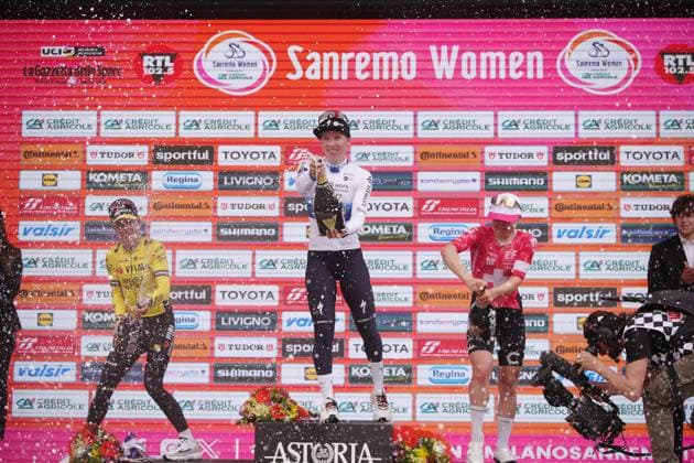 VOS Marianne, WIEBES Lorena Team TEAM SD WORX - PROTIME , RÜEGG Noemi celebrate on the podium after the women™s elite race of the Sanremo Women, one day cycling race from Genova to Sanremo in 156km - North Italy- Saturday, March 22, 2025. - cycling .  Copyright: xMarcoxAlpozzi LaPressex
