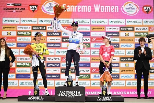 Dutch Marianne Vos of Team Visma-Lease a Bike, Dutch Lorena Wiebes of SD Worx-Protime and Swiss Noemi Ruegg of EF Education-Oatly pictured on the podium after the Milano-Sanremo Donne one day cycling race for women, 156km from Milan to Sanremo, Italy, Saturday 22 March 2025. DIRKxWAEM  x115408983x