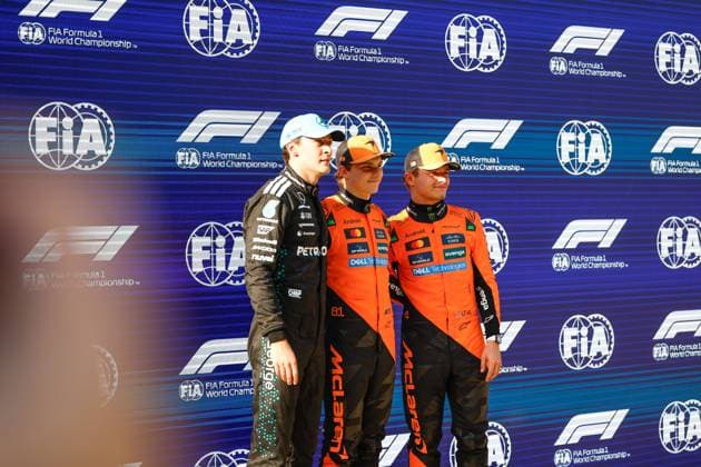 Top3 Qual George Russell (GBR) - Mercedes-AMG PETRONAS F1 Team - Mercedes W16 - Mercedes E Performance Oscar Piastri (AUS) - McLaren Formula 1 Team - McLaren MCL39 - Mercedes, Lando Norris (GBR) - McLaren Formula 1 Team - McLaren MCL39 - Mercedes during F1 Grand Prix of CHINA at Shanghai International Circuit on March 22, 2025 in Shanghai, China.(Photo by Song Haiyuan Paddocker) (Credit Hasan Bratic Alessio De Marco Avens-Images.com)  Copyright: xAlessioxDexMarco IPAxSportx xipa-agency.netx xx IPA_55620742 IPA_Agency_IPA55620742