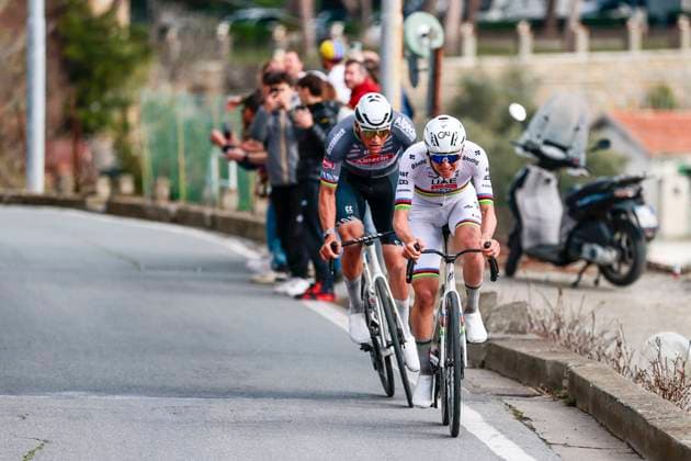 2025 Milan - Sanremo UCI WorldTour cycling race SANREMO, ITALY - MARCH 22 : Van Der Poel Mathieu (NED) of Alpecin - Deceuninck, Pogacar Tadej (SLO) of UAE Team Emirates - XRG in action in Cipressa during the UCI WorldTour 116th Milan - Sanremo cycling race with start in Pavia and finish at the Via Roma in Sanremo on March 22, 2025 in Sanremo, Italy, 22 03 2025 ( Sanremo Italy  Copyright: xPoox