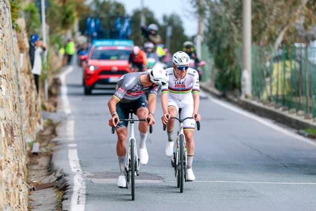 2025 Milan - Sanremo UCI WorldTour cycling race SANREMO, ITALY - MARCH 22 : Van Der Poel Mathieu (NED) of Alpecin - Deceuninck, Pogacar Tadej (SLO) of UAE Team Emirates - XRG in action in Cipressa during the UCI WorldTour 116th Milan - Sanremo cycling race with start in Pavia and finish at the Via Roma in Sanremo on March 22, 2025 in Sanremo, Italy, 22 03 2025 ( Sanremo Italy  Copyright: xPoox