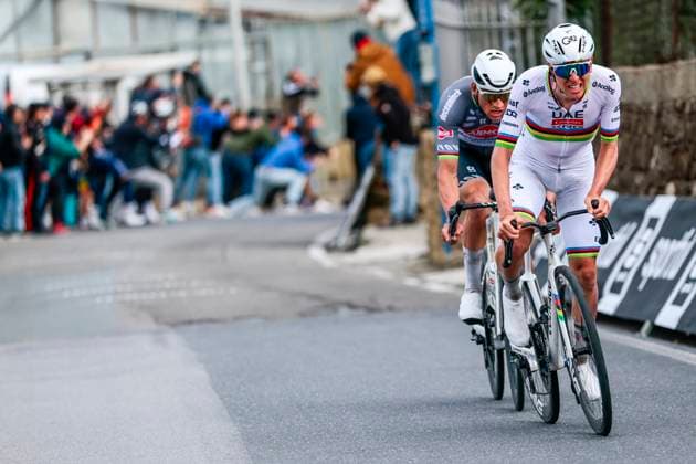 2025 Milan - Sanremo UCI WorldTour cycling race SANREMO, ITALY - MARCH 22 : Van Der Poel Mathieu (NED) of Alpecin - Deceuninck, Pogacar Tadej (SLO) of UAE Team Emirates - XRG in action in Cipressa during the UCI WorldTour 116th Milan - Sanremo cycling race with start in Pavia and finish at the Via Roma in Sanremo on March 22, 2025 in Sanremo, Italy, 22 03 2025 ( Sanremo Italy  Copyright: xPoox