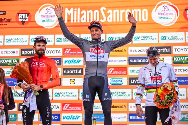 2025 Milan - Sanremo UCI WorldTour cycling race SANREMO, ITALY - MARCH 22 : Van Der Poel Mathieu (NED) of Alpecin - Deceuninck, Pogacar Tadej (SLO) of UAE Team Emirates - XRG, Ganna Filippo (ITA) of INEOS Grenadiers on the podium during the UCI WorldTour 116th Milan - Sanremo cycling race with start in Pavia and finish at the Via Roma in Sanremo on March 22, 2025 in Sanremo, Italy, 22 03 2025 ( Motordriver Kenny Verfaillie - Sanremo Italy  Copyright: xNicoxVereeckenx