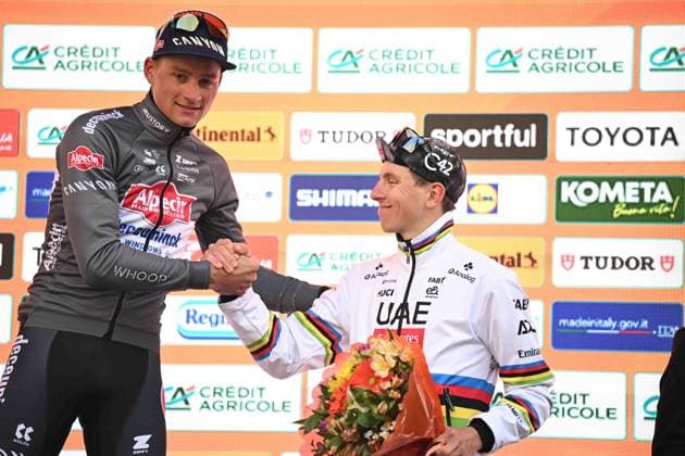 22-03-2025 Milano - Sanremo; 2025, Alpecin - Deceuninck; 2025, Uae Team Emirates - Xrg; Van Der Poel, Mathieu; Pogacar, Tadej; Sanremo; 
