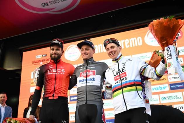 22-03-2025 Milano - Sanremo; 2025, Alpecin - Deceuninck; 2025, Ineos Grenadiers; 2025, Uae Team Emirates - Xrg; Van Der Poel, Mathieu; Ganna, Filippo; Pogacar, Tadej; Sanremo; 