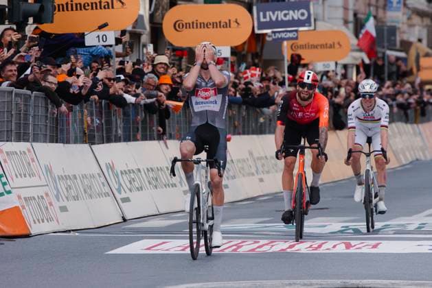 March 22, 2025, Sanremo, Imperia, Italy: Dutch rider Mathieu Van Der Poel wins Milano-Sanremo, Filippo Ganna and Tadej POgacar come second and third. Sanremo Italy - ZUMAm214 20250322_zip_m214_007 Copyright: xMatteoxSeccix