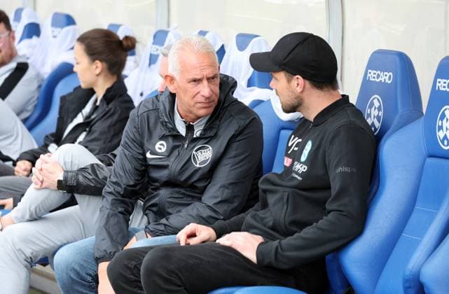 22 03 25 Stuttgarter Kickers Kickers Offenbach Germany, Stuttgart, 22 03 2025, Football, Regionalliga Südwest, Stuttgarter Kickers Kickers Offenbach v l Christian Neidhart Coach Kickers Offenbach , Marco Wildersinn Coach Stuttgarter Kickers