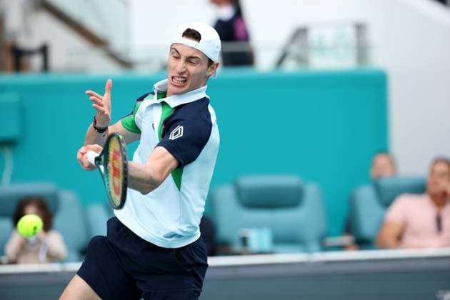 March 22, 2025, Miami Gardens, Florida, United States Of America: MIAMI GARDENS, FLORIDA - MARCH 22: Joao Fonseca of Brazil defeats Ugo Humbert of France in the second round of the men s singles at the Miami Open at the Hard Rock Stadium on March 22, 2025 in Miami Gardens, Florida. ...People: Ugo Humbert Miami Open 2025 - Day 5  - ZUMAs214 20250322_ada_s214_214 Copyright: xSMGx