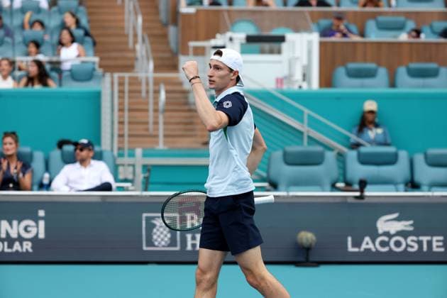 March 22, 2025, Miami Gardens, Florida, United States Of America: MIAMI GARDENS, FLORIDA - MARCH 22: Joao Fonseca of Brazil defeats Ugo Humbert of France in the second round of the men s singles at the Miami Open at the Hard Rock Stadium on March 22, 2025 in Miami Gardens, Florida. ...People: Ugo Humbert Miami Open 2025 - Day 5  - ZUMAs214 20250322_ada_s214_227 Copyright: xSMGx