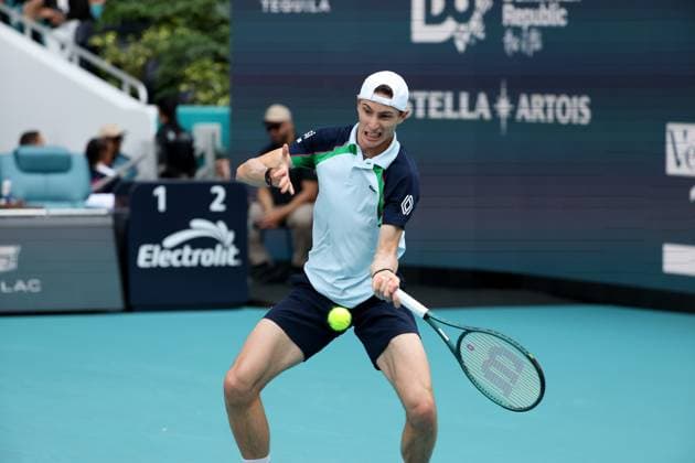March 22, 2025, Miami Gardens, Florida, United States Of America: MIAMI GARDENS, FLORIDA - MARCH 22: Joao Fonseca of Brazil defeats Ugo Humbert of France in the second round of the men s singles at the Miami Open at the Hard Rock Stadium on March 22, 2025 in Miami Gardens, Florida. ...People: Ugo Humbert Miami Gardens United States Of America - ZUMAs214 20250322_ada_s214_216 Copyright: xSMGx