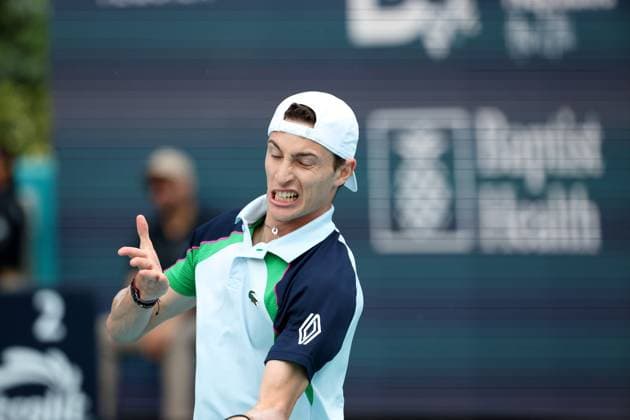 March 22, 2025, Miami Gardens, Florida, United States Of America: MIAMI GARDENS, FLORIDA - MARCH 22: Joao Fonseca of Brazil defeats Ugo Humbert of France in the second round of the men s singles at the Miami Open at the Hard Rock Stadium on March 22, 2025 in Miami Gardens, Florida. ...People: Ugo Humbert Miami Gardens United States Of America - ZUMAs214 20250322_ada_s214_218 Copyright: xSMGx