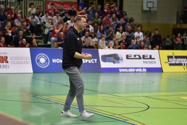 Joy, jubilation for Jan Scheuermann TV Rottenburg, coach after winning a point TV Rottenburg vs Barock Volleys Ludwigsburg, Volleyball, 2 Bundesliga Sued, 24 Matchday, Season 2024 2025, 22 03 2025, TV Rottenburg vs Barock Volleys Ludwigsburg, Volleyball, 2 Bundesliga Sued, 24 Matchday, Season 2024 2025, 22 03 2025 Rottenburg Copyright: xEibner-Pressefoto RalphxKunzex EP_RKE