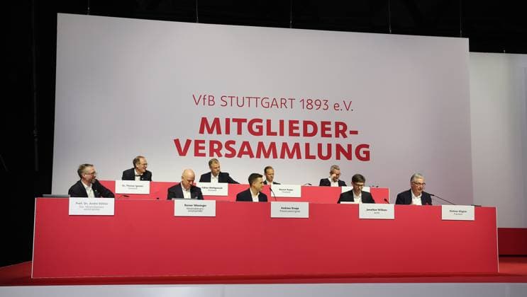 Stuttgart , General Meeting VfB Stuttgart , Podium , right President Dietmar Allgaier