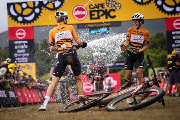 Danish-Argentine duo Annika Langvad and Sofia Gomes Villafane celebrate after winning the eight-day Cape Epic mountain bike pairs stage race in South Africa, Lourensford, March 23, 2025. (CTKxPhoto MichalxCerveny) CTKPhotoF202503230004101  CTKPhotoF202503230004101