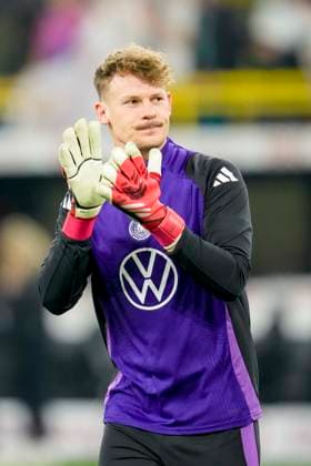 Goalkeeper Alexander Nuebel Germany looks on during the UEFA Nations League Quarterfinal Leg Two match between Germany and Italy at Football Stadium Dortmund on March 23, 2025 in Dortmund, Germany