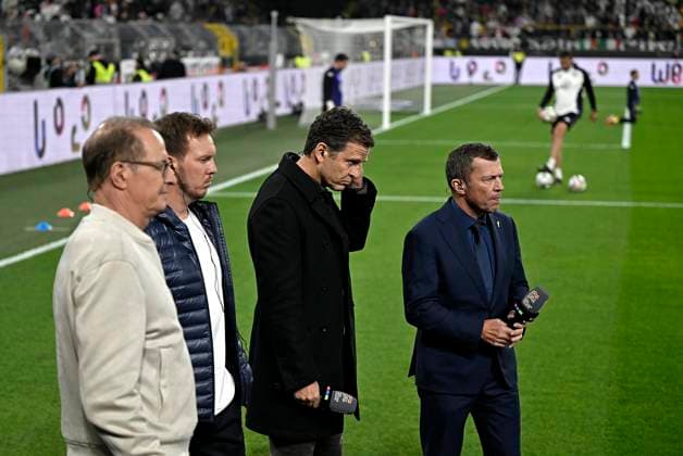 23 03 2025, Football UEFA Nations League 2024 25, quarter-finals, Germany Italy, in Dortmund, Signal Iduna Stadium, L R Presenter Florian König, Oliver Bierhoff and national coach Julian Nagelsmann Germany during the interview and Lothar Matthäus