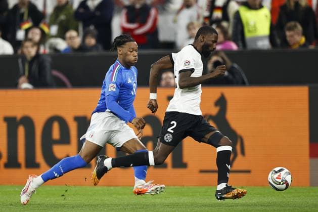 DORTMUND - (l-r) Destiny Udogie of Italy, Antonio Rudiger of Germany during the UEFA Nations League quarterfinal match between Germany and Italy at the BVB Stadion Dortmund on March 23, 2025 in Dortmund, Germany. ANP Hollandse Hoogte MAURICE VAN STEEN UEFA Nations League Quarterfinal Leg Two 2025 xVIxANPxSportx xMauricexvanxSteenxIVx 522966465 originalFilename: 522966465.jpg