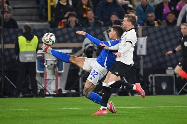23 03 2025, xjrdrx, Football UEFA Nations League, Germany Italy v l Giovanni di Lorenzo Italy Angelo Stiller German National Football Team DFB Zweikampf, Aktion, action, battle for the ball DFL DFB REGULATIONS PROHIBIT ANY USE OF PHOTOGRAPHS as IMAGE SEQUENCES and or QUASI VIDEO Dortmund