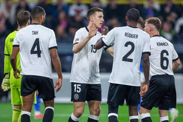 23 03 2025, Football, Quarter-final UEFA Nations League, Germany Italy, Signal Iduna Park, Season 2024 2025 Goalkeeper Oliver Baumann GER 01 Jonathan Tah GER 04 Nico Schlotterbeck GER 15 Antonio Rüdiger GER 02 Joshua Kimmich GER 06 DFB regulations prohibit any use of photographs as image sequences and or quasi video Nordrhein Westfalen Germany