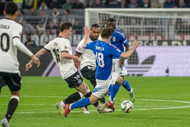 Soccer, men, 2024 25 season, UEFA Nations League quarter-final second leg in Dortmund, Germany Italy, f l Jamal Musiala Germany , Angelo Stiller Germany , Jonathan Tah Germany , Nicolo Barella Italy , 23 03 2025, Copyright: xMatthiasxKochx
