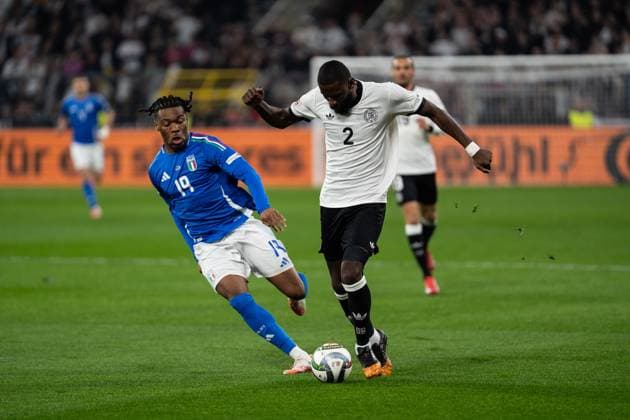 GER, Nations League, Germany vs Italy 23 03 2025, Signal Iduna Park, Dortmund, GER, Nations League, Germany vs Italy in picture duel between Antonio Rüdiger Ruediger Germany, 2 and Destiny Udogie Italy ITA, 19 nordphotoxGmbHxx xChristianxSchulze nph000300