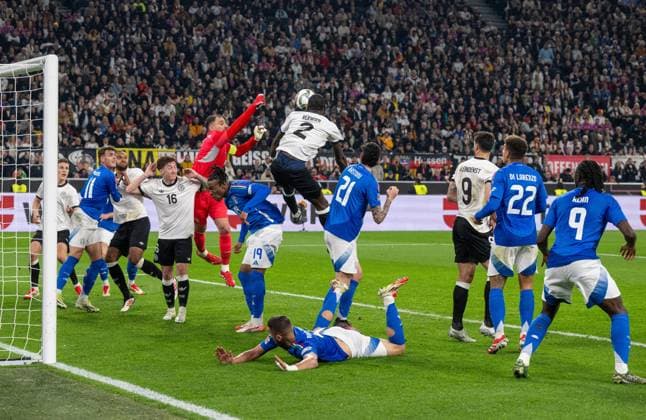 Soccer, Men, Season 2024 25, UEFA Nations League quarter-final second leg in Dortmund, Germany Italy, f l Nico Schlotterbeck Germany , Daniel Maldini Italy , Jonathan Tah Germany , Angelo Stiller Germany , Goalkeeper Gianluigi Donnarumma Italy , Destiny Udogie Italy , Antonio Rüdiger Germany , Alessandro Bastoni Italy , Alessandro Buongiorno Italy , Tim Kleindienst Germany , Giovanni Di Lorenzo Italy , Moise Kean Italy , 23 03 2025, Copyright: xMatthiasxKochx