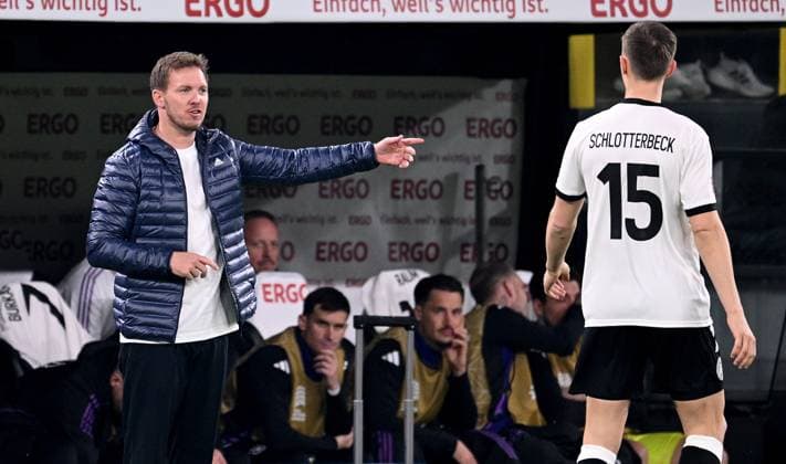FOOTBALL UEFA Nations League 2024 2025 Quarter-final second leg in Dortmund Germany Italy 23 03 2025 National coach Julian Nagelsmann left, Germany with Nico Schlotterbeck right, Germany