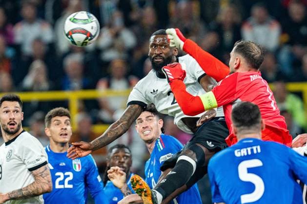 23 03 2025, Germany vs Italy, Nations League, quarter-final second leg Antonio Rüdiger Germany,2 Gianluigi Donnarumma Italy, 01 Tim Kleindienst Germany, 9 Giovanni di Lorenzo Italy, 22 Riccardo Calafiori Italy, 05 Jonathan Tah Germany, 4 Copyright: xBahhoxKarax