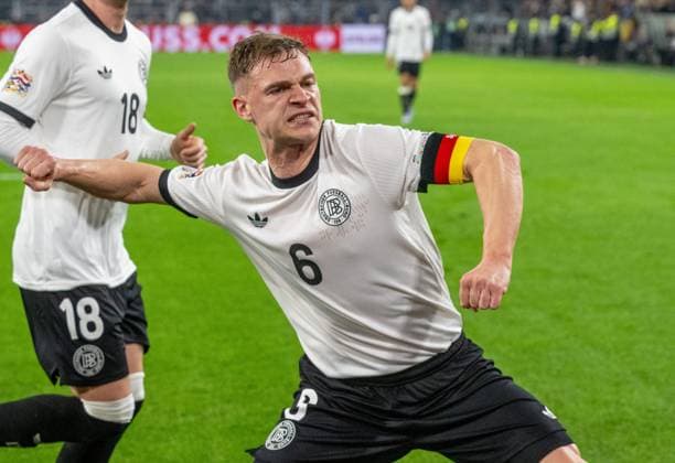 Soccer, men, 2024 25 season, UEFA Nations League quarter-final second leg in Dortmund, Germany Italy, f l Maximilian Mittelstädt Germany , Joshua Kimmich Germany , celebrating after scoring 1 0, 23 03 2025, Copyright: xMatthiasxKochx