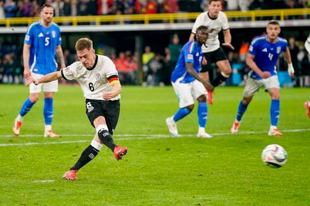 Joshua Kimmich Germany scores his team s first goal during the UEFA Nations League Quarterfinal Leg Two match between Germany and Italy at Football Stadium Dortmund on March 23, 2025 in Dortmund, Germany