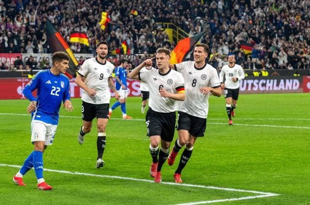 Soccer, Men, Season 2024 25, UEFA Nations League quarter-final second leg in Dortmund, Germany Italy, f l Giovanni Di Lorenzo Italy , Tim Kleindienst Germany , Joshua Kimmich Germany , Leon Goretzka Germany , cheering after scoring 1 0, 23 03 2025, Copyright: xMatthiasxKochx