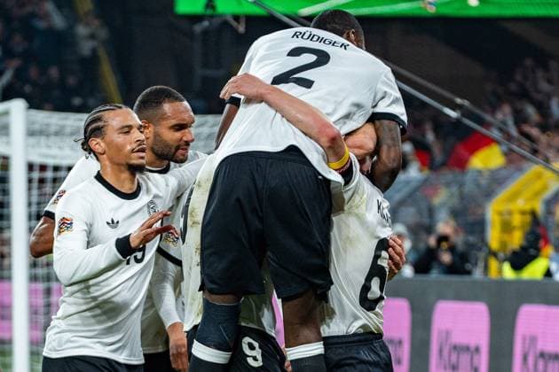 23 03 2025, Germany vs Italy, Nations League, quarter-final second leg Goal and celebration by Jamal Musiala Germany, 10 to 2 0 here with Joshua Kimmich Germany, 6 Angelo Stiller Germany, 16 Leroy Sane Germany, 19 Jonathan Tah Germany, 4 Antonio Rüdiger Germany,2 Copyright: xBahhoxKarax
