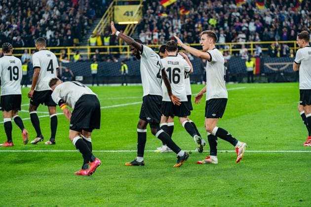 23 03 2025, Germany vs Italy, Nations League, quarter-final second leg Goal and celebration by Jamal Musiala Germany, 10 to 2 0 here with Joshua Kimmich Germany, 6 Angelo Stiller Germany, 16 Leroy Sane Germany, 19 Jonathan Tah Germany, 4 Antonio Rüdiger Germany,2 Nico Schlotterbeck Germany, 15 Copyright: xBahhoxKarax