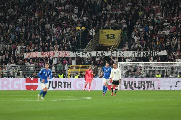 22 03 2025, UEFA Nations League, quarter-final, second leg, Germany Italy, banner with a protest against the hosting of the World Cup in Saudi Arabia, Dortmund Signal Iduna Park NRW Germany xRHR PHOTO DEx Copyright: DennisxEwert RHR-FOTOx RHR-FOTO DE