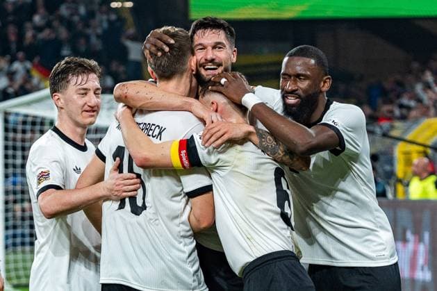 23 03 2025, Germany vs Italy, Nations League, quarter-final second leg Goal and celebration for 3 0 by Tim Kleindienst Germany, 9 here with Jamal Musiala Germany, 10 Jonathan Tah Germany, 4 Leon Goretzka Germany, 8 Jamal Musiala Germany, 10 Joshua Kimmich Germany, 6 Maximilian Mittelstädt Germany, 18 Angelo Stiller Germany, 16 Nico Schlotterbeck Germany, 15 Copyright: xBahhoxKarax