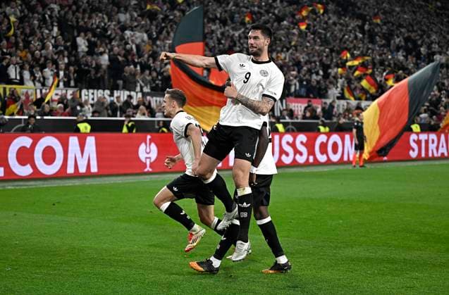 23 03 2025, Football UEFA Nations League 2024 25, quarter-final, Germany Italy, in Dortmund, Signal Iduna Stadion, cheering scorer Tim Kleindienst Germany to score 3 0