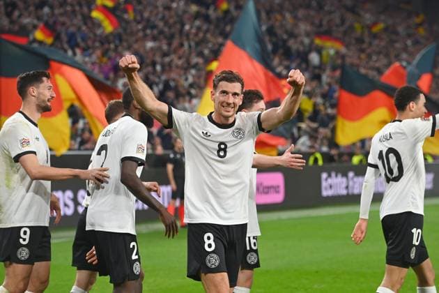collective goal celebration from left Tim KLEINDIENST GER , Antonio Ruediger GER , Leon GORETZKA GER ,Antonio Ruediger GER , cheering,joy,enthusiasm,action, Soccer Nations League quarterfinal Germany GER Italy ITA on 23 03 2025, Signal Iduna Park