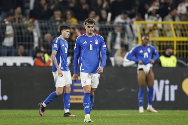 DORTMUND - Daniel Maldini of Italy balks after the 3-0 during the UEFA Nations League quarterfinal match between Germany and Italy at the BVB Stadion Dortmund on March 23, 2025 in Dortmund, Germany. ANP Hollandse Hoogte MAURICE VAN STEEN UEFA Nations League Quarterfinal Leg Two 2025 xVIxANPxSportx xMauricexvanxSteenxIVx 522969643 originalFilename: 522969643.jpg