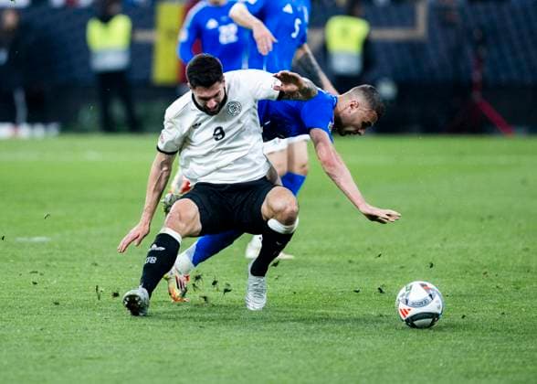 Signal Iduna Park, Dortmund, 23 03 2025 Tim Kleindienst of Germany gets penalty after foul from Alessandro Buongiorno of Italia during the UEFA Nations League Quarterfinal Match Germany v Italia