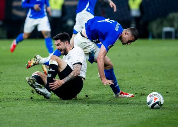 Signal Iduna Park, Dortmund, 23 03 2025 Tim Kleindienst of Germany gets penalty after foul from Alessandro Buongiorno of Italia during the UEFA Nations League Quarterfinal Match Germany v Italia