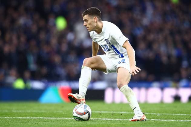 Giannis Konstantelias of Greece in action during the UEFA Nations League play-offs 2st leg soccer match between Scotland and Greece in Hampden Park, Glasgow, Scotland, on 23 March 2025. IMAGO ONE INCH PRODUCTIONS GLASCOW SCOTLAND Copyright: xOnexInchxProductionsx 6512443