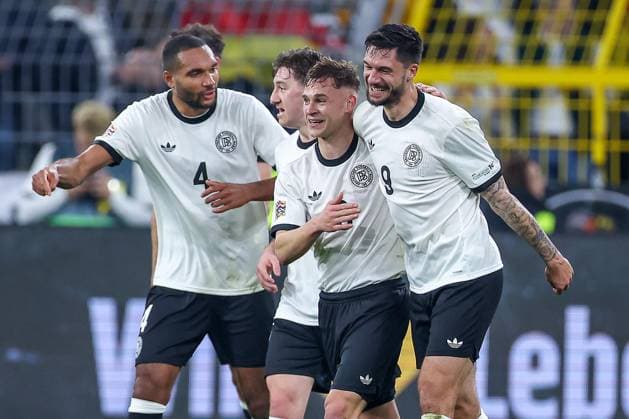23 03 2025, Football, Quarter-final UEFA Nations League, Germany Italy, Signal Iduna Park, Season 2024 2025 Goal celebration after the goal to 3 0 by scorer Tim Kleindienst GER 09 together with Joshua Kimmich GER 06 DFB regulations prohibit any use of photographs as image sequences and or quasi video North Rhine-Westphalia Germany