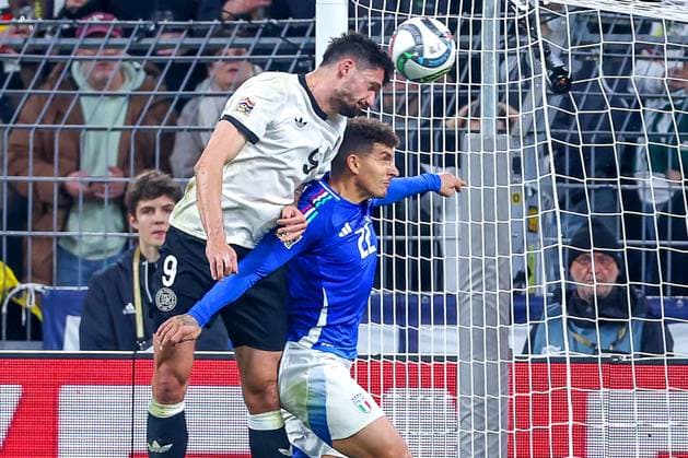 23 03 2025, Football, Quarter-final UEFA Nations League, Germany Italy, Signal Iduna Park, Season 2024 2025 Header Tim Kleindienst GER 09 Scorer 3 0 DFB regulations prohibit any use of photographs as image sequences and or quasi video Nordrhein Westfalen Germany