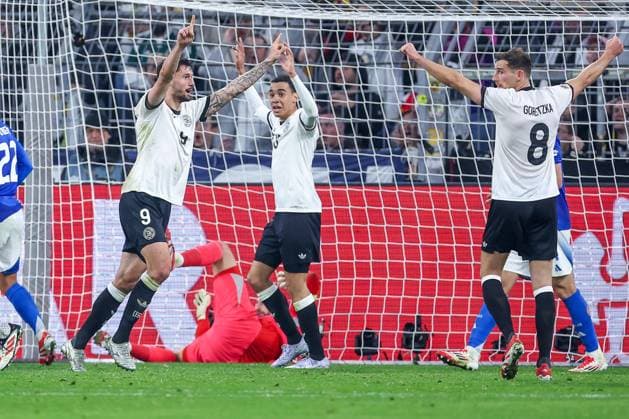 23 03 2025, Football, Quarter-final UEFA Nations League, Germany Italy, Signal Iduna Park, Season 2024 2025 Goal celebration after the goal to 3 0 by scorer Tim Kleindienst GER 09 DFB regulations prohibit any use of photographs as image sequences and or quasi video Nordrhein Westfalen Germany
