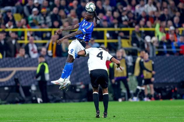 23 03 2025, Football, Quarter-final UEFA Nations League, Germany Italy, Signal Iduna Park, Season 2024 2025 Moise Kean ITA 09 in duel against Jonathan Tah GER 04 header header duel DFB regulations prohibit any use of photographs as image sequences and or quasi video Nordrhein Westfalen Germany