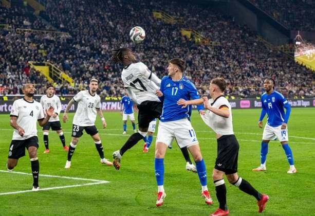 Soccer, Men, Season 2024 25, UEFA Nations League quarter-final second leg in Dortmund, Germany Italy, f l Jonathan Tah Germany , Nadiem Amiri Germany , Robert Andrich Germany , Yann Aurel Bisseck Germany , Matteo Ruggeri Italy , Joshua Kimmich Germany , Destiny Udogie Italy , 23 03 2025, Copyright: xMatthiasxKochx
