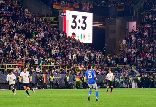 Scoreboard, Screen, Screenboard, Digital, LED, Display, Monitor, Final result, anzeigetafel, Endergebnis, Ergebnis, Anzeige, in the UEFA Nations League 2025 match GERMANY - ITALY in Season 2024 2025 at Mar 23, 2025 in Dortmund, Germany.