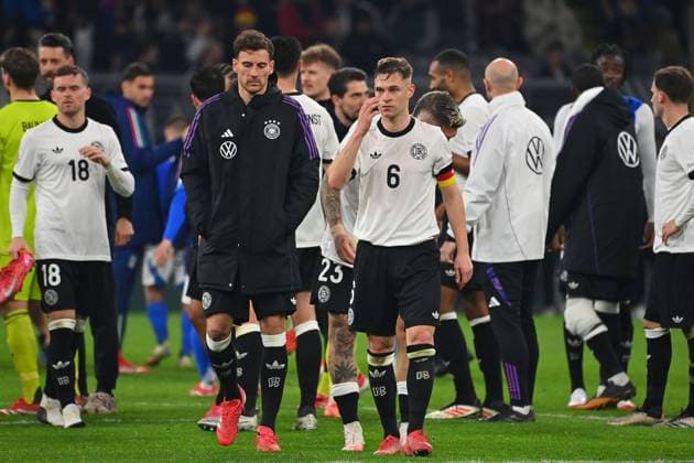 from left Leon GORETZKA GER , Joshua KIMMICH GER after the end of the match Soccer Nations League quarterfinal Germany GER Italy ITA 3 3 on 23 03 2025, Signal Iduna Park