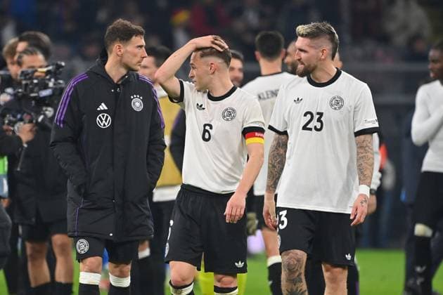 from left Leon GORETZKA GER , Joshua KIMMICH GER , Robert ANDRICH GER after the end of the match Soccer Nations League quarterfinal Germany GER Italy ITA 3 3 on 23 03 2025, Signal Iduna Park